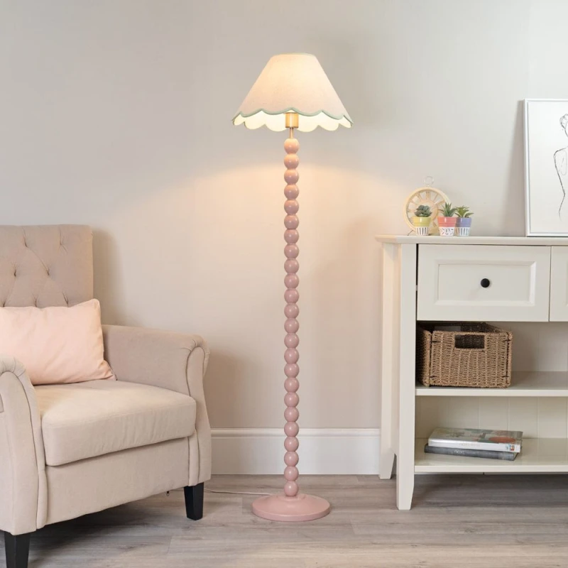 Image of ValueLights Bobbins Rose Pink Floor Lamp with Tapered Linen Scallop Shade and LED Bulb Green