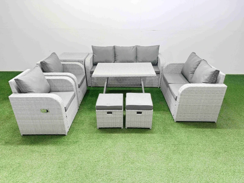Image of Fimous Outdoor Rectangular Table Sofa Set with Reclining Chair 2 Small Stools in Light Grey Light Grey Unisex