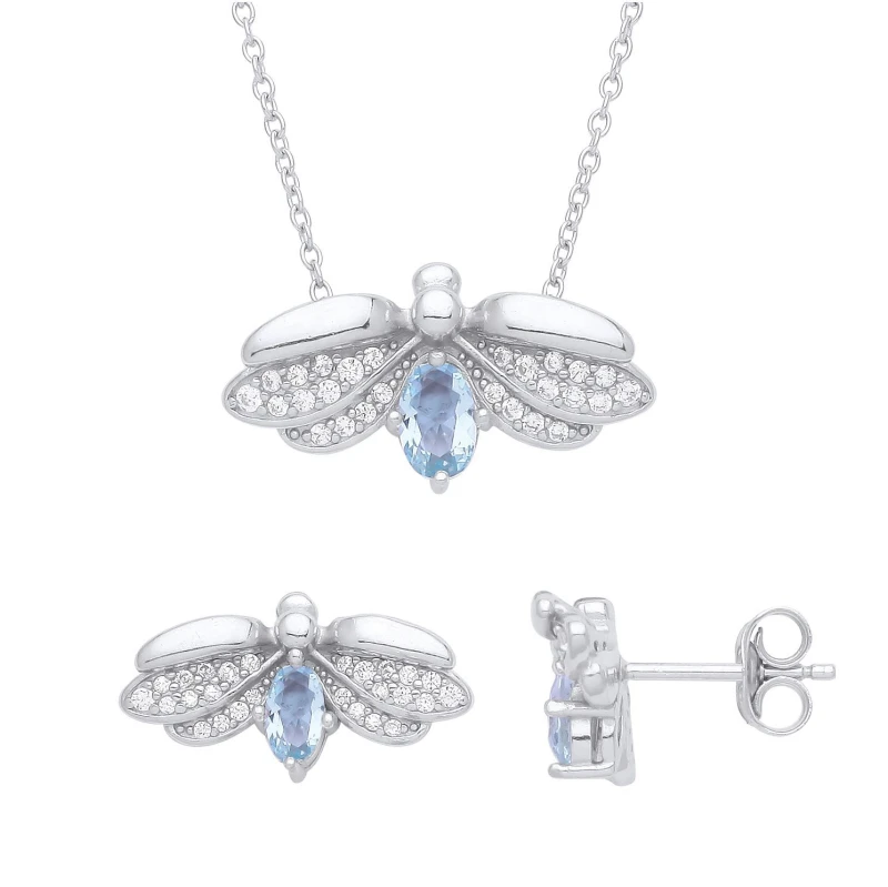 Image of Jewelco London Silver Blue CZ Firefly Flying Beetle Wings Earrings Necklace Set - GSET617 Silver