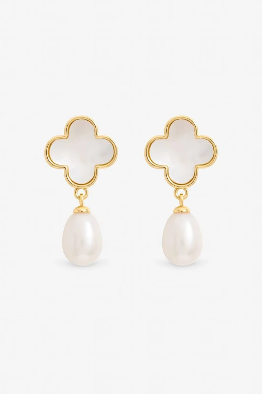 Image of Jon Richard Womens Gold Plated Mother of Pearl Clover & Pearl Drop Earrings Gold Female One Size