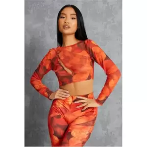 Image of I Saw It First Orange Petite Printed Mesh Cut Out Top - Orange
