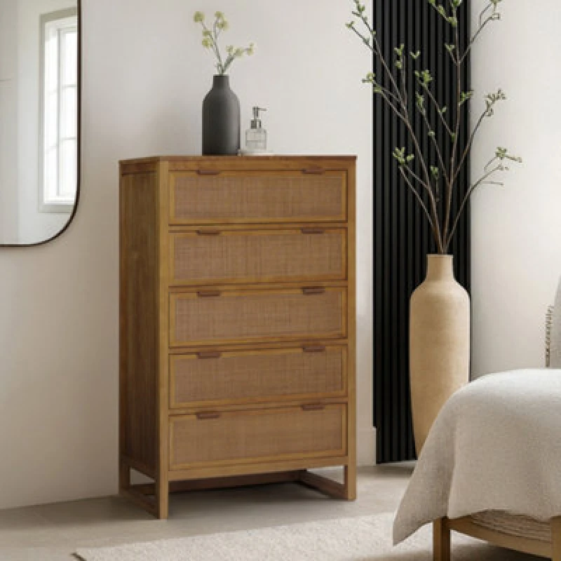 Image of Teamson Home Hatteras Chest Of Drawers 5 Drawer Bedroom Dresser, Natural