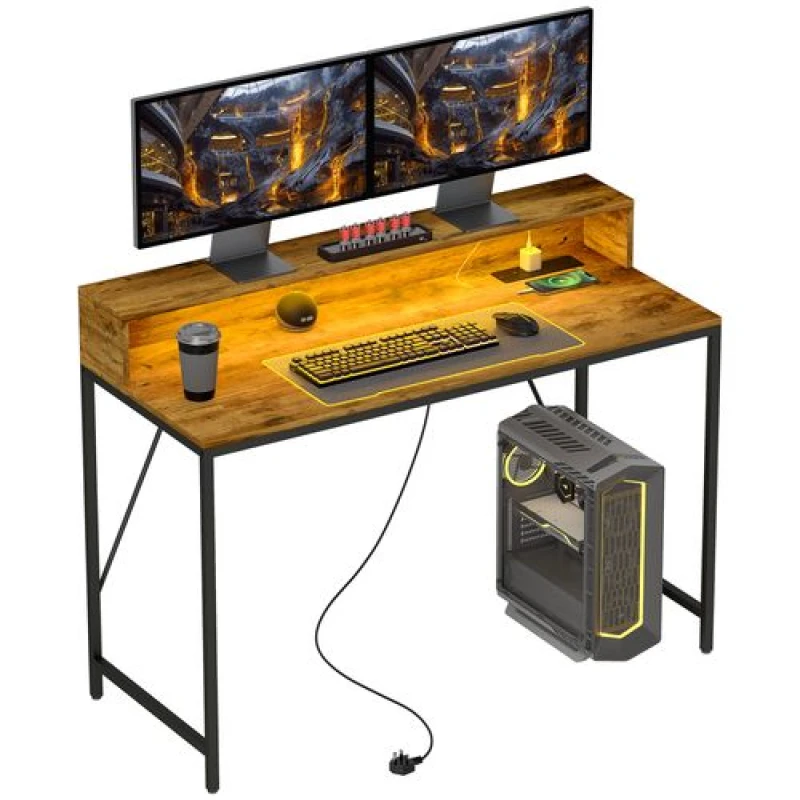 Image of HOMCOM HOMCOM Computer Table with LED Lights, Gaming Desk with Shelf, Rustic Brown Brown One Size Unisex 5063603002463