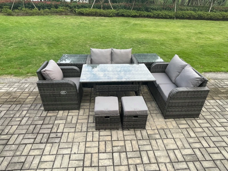 Image of Fimous 7 Seater Lounge Rattan Sofa Set Outdoor Garden Furniture Oblong Rectangular Dining Table With Chairs 2 Small Footstools 2 Side Tables Dark Grey