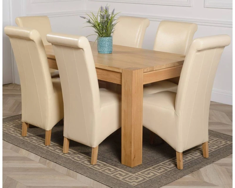 Image of Thats Furniture Kuba 150 x 85cm Chunky Medium Oak Dining Table & 6 Montana Leather Chairs in Cream Size: 150 x 85cm Cream Unisex 150 x 85 cm