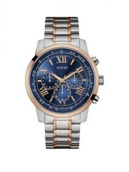 Image of Guess Horizon Guess MenS Silver Watch With Gold Trim Blue Chronograph Dial And Rose Gold And Silver Bracelet.