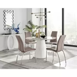 Image of Furniturebox Palma White Marble Effect 120cm Round Minimalist Dining Table & 4 Cappuccino Isco Silver Leg Faux Leather Chairs
