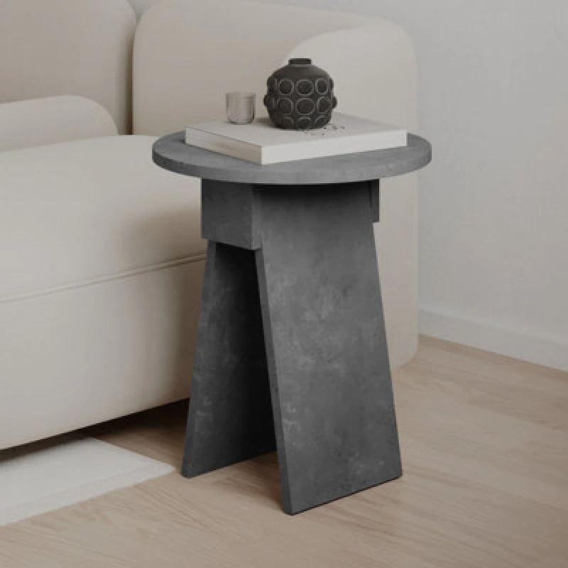 Image of Decortie Modern Chen Side Table Retro Grey Round Shape Sturdy Particle Board 2 Legs Coffee Table 42(W)X42(D)X50(H)Cm Living Room