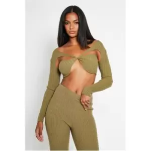 Image of I Saw It First Twist Front Detail Long Sleeve Rib Knitted Top - Green