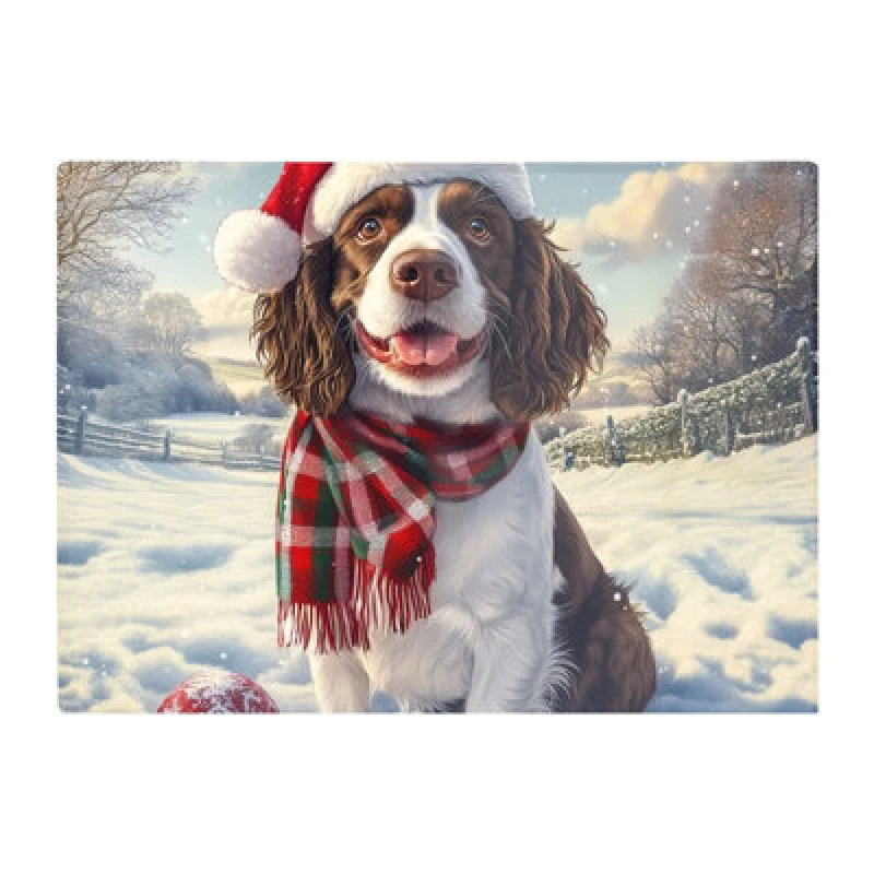 Image of Warren Reed Designer Snowy Christmas Springer Spaniel Glass Chopping Board