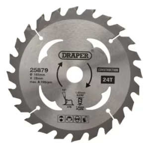 Image of Draper TCT Cordless Construction Circular Saw Blade for Wood & Composites, 165 x 20mm, 24T