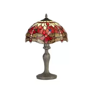 Image of Luminosa Lighting - 1 Light Curved Table Lamp E27 With 30cm Tiffany Shade, Purple, Pink, Crystal, Aged Antique Brass