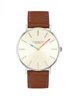 Image of Coach Coach Perry White Dial Rainbow Detail Tan Leather Strap Watch