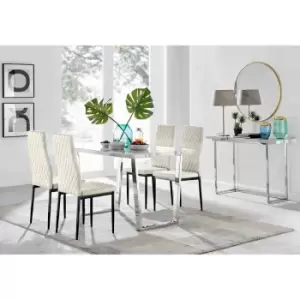 Image of Furniture Box Kylo White Marble Effect Dining Table and 4 Cream Velvet Milan Black Leg Chairs