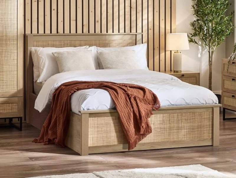 Image of Julian Bowen Padstow Rattan and Oak Wooden Ottoman Bed Frame - 5ft King Size