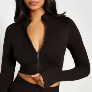 Image of I Saw It First Seamless High Neck Zip Front Crop Top - Brown