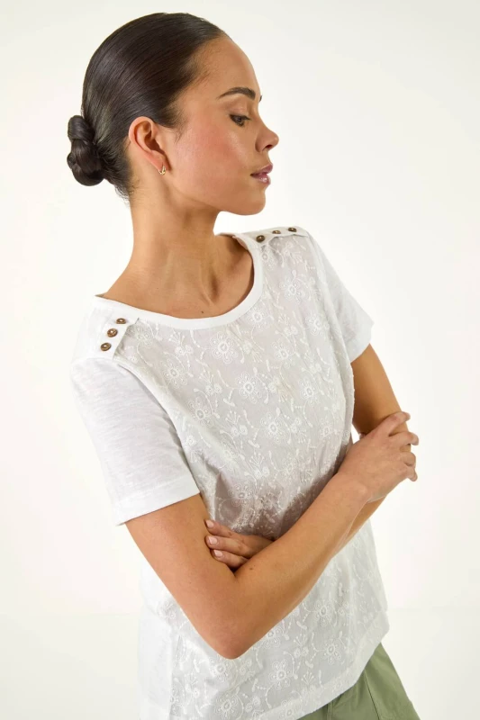 Image of Roman Womens Petite Contrast Embroidered Top in Ivory Size: 18 Ivory Female 18