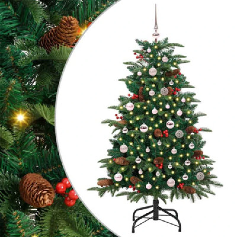 Image of vidaXL Artificial Christmas Tree with LED Strip Lights, Pink Balls Green 150 cm, Green 3395543