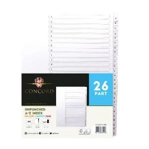 Image of Concord Unpunched Index A-Z 26 Part A4 150gsm White Pack of 5 75601