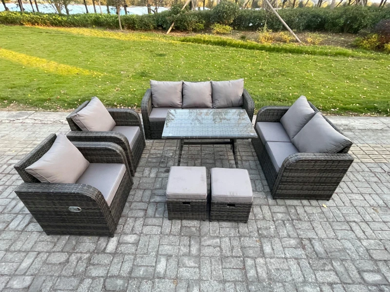 Image of Fimous Outdoor Rattan Garden Furniture Set 9 Seater Patio Lounge Sofa Set with Dining Table 2 Small Footstools Dark Grey Mixed Dark Grey