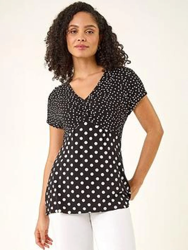 Image of Roman Womens Contrast Polka Dot Gathered Top in Black Size: 10 Black Female 10