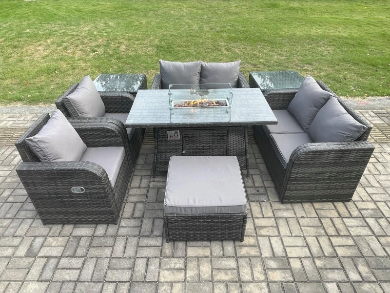 Image of Fimous 7 Seater Rattan Garden Furniture Set Propane Gas Fire Pit Table and Sofa Chair set with 2 Side Tables Big Footstool Dark Grey