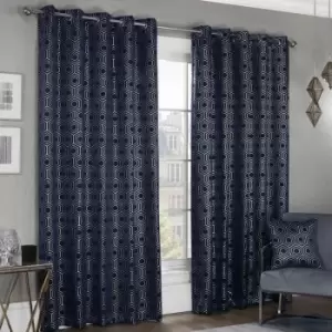 Image of Emma Barclay - Hartford Geometric Woven Thermal Blackout Lined Eyelet Curtains, Navy, 66 x 72 Inch
