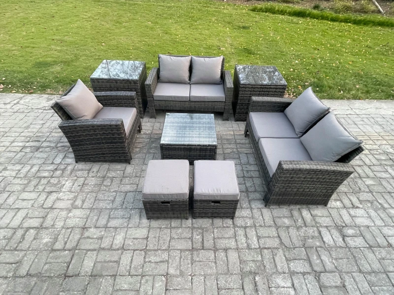 Image of Fimous 7 Seater Outdoor Rattan Garden Furniture Set Conservatory Patio Sofa Coffee Table Set with Chair 2 Side Tables 2 Small Footstools in Dark Grey