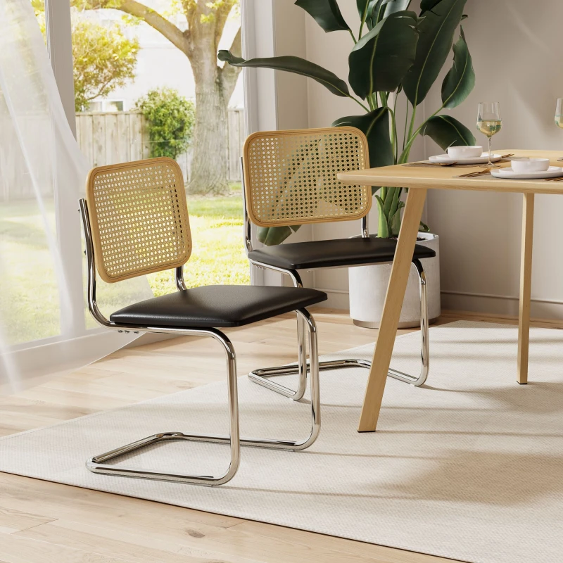 Image of Vonhaus Dining Chairs Set Of 2, Rattan Cantilever Chairs For Dining Room, Mid Century Black Kitchen Chair With Chrome Frame