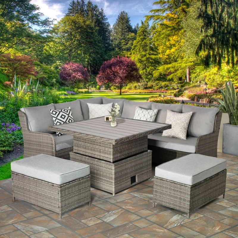 Image of RayGar Verona 7 Seater Rattan Corner Set Adjustable Table Outdoor Polyrattan in Grey Size: 1 Pack Grey Unisex 1 Pack