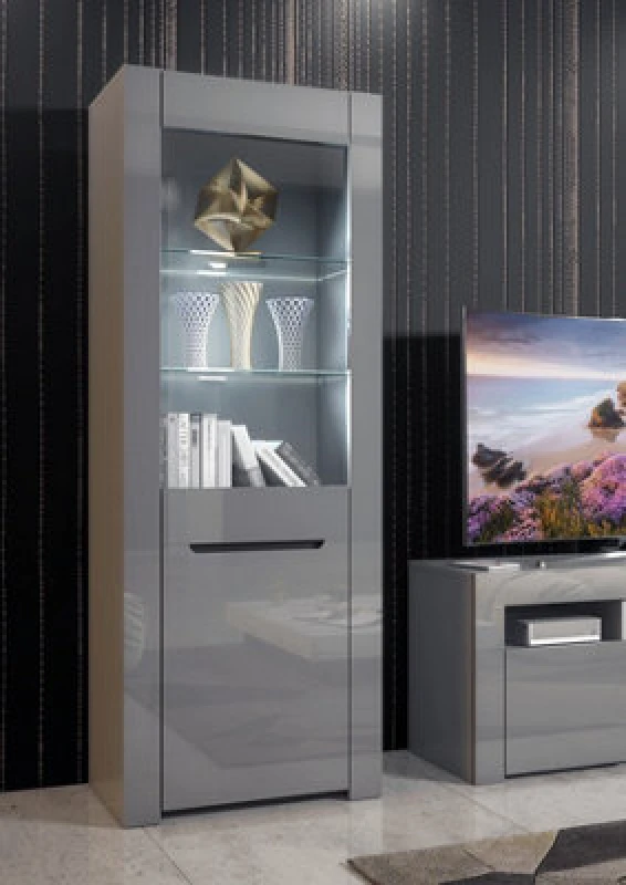 Image of Furneo High Gloss & Matt Grey Display Cabinet Cupboard Milano 09G White LED Lights