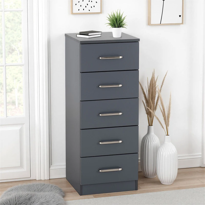 Image of Seconique Dakota 5 Drawer Narrow Chest Of Drawers Dark Grey