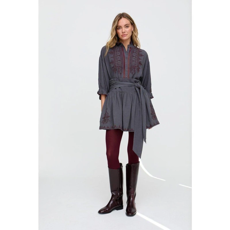 Image of Raffya Raffya Julie Ruffle Neck Embroidered Shirt In Dark Grey Charcoal female 8 (XS)