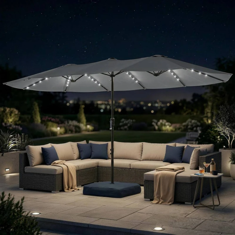 Image of OUTSUNNY 4.5m Double Sided Garden Parasol w/ 60 Solar LED Lights in Grey Grey Unisex 4.5m