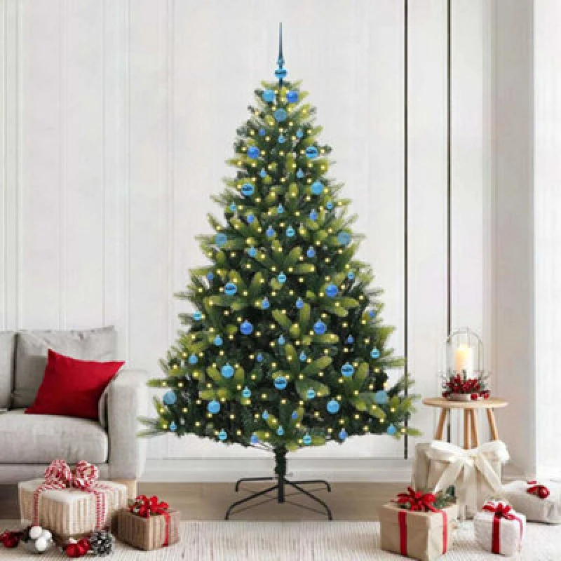 Image of vidaXL Artificial Hinged Christmas Tree 300 LEDs, Blue Balls Green 210 cm, Green 3396007