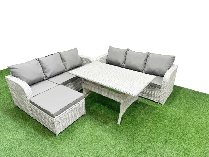Image of Fimous Outdoor Garden Furniture Sets 7 Seater Wicker Rattan Furniture Sofa Sets with Rectangular Dining Table high Back Lounge Sofa Big Footstool Ligh
