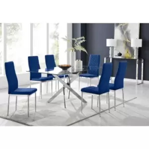 Image of Furniturebox UK - Furniturebox Leonardo 6 Chrome Leg Glass Dining Table and 6 Navy Milan Velvet Dining Chairs Diamond Stitch Modern Contemporary