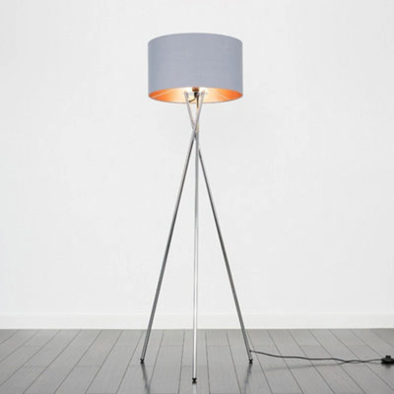 Image of ValueLights ValueLights Camden Grey & Metallic Shade & Chrome Tripod Floor Lamp with Bulb in Copper Copper One Size Unisex 5055759991593