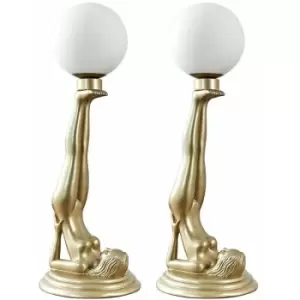 Image of 2 x Candle Stick Table Lamp Female Pose Gold Painted Art Deco - No Bulbs