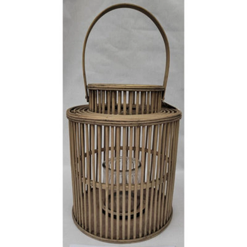 Image of Hill Interiors Cylinder Lantern With Glass Holder - Wicker - L26 X W26 X H26 Cm