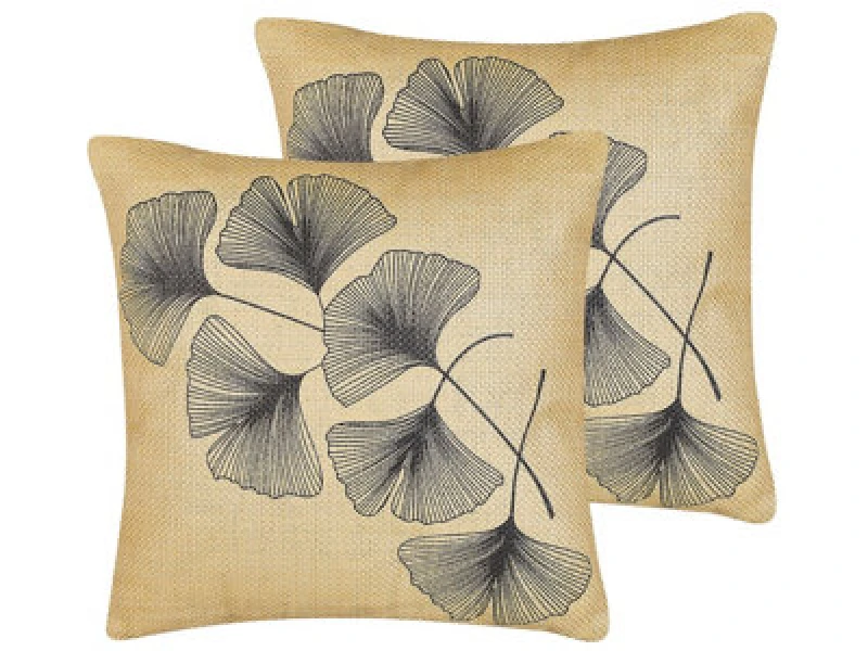 Image of Beliani Set Of 2 Decorative Cushions Wakad 45 X 45cm Beige Plant Pattern