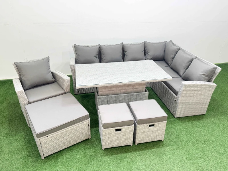 Image of Fimous 10 Seat Rattan Garden Furniture Corner Sofa Set with 3 Footstools in Light Grey Light Grey Unisex