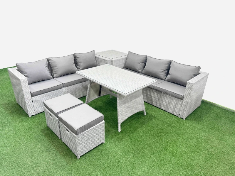 Image of Fimous 8-seater Patio Rectangular Table 3 Seater Sofa Set with Side Table in Light Grey Light Grey Unisex