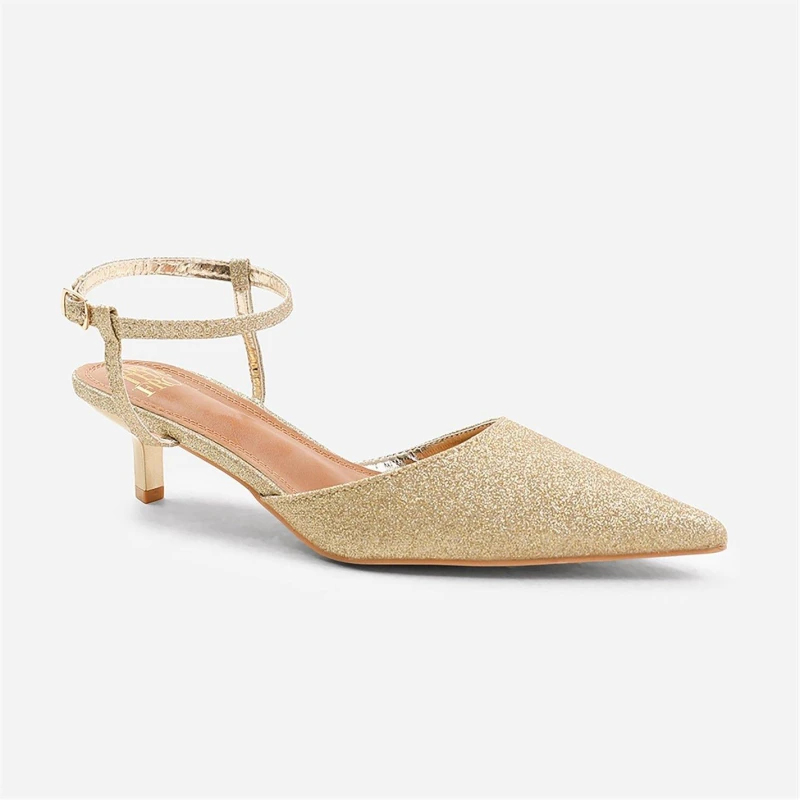Image of Where's That From 'Greece' Low Kitten Heels Pointed Toe Ankle Strap Gold