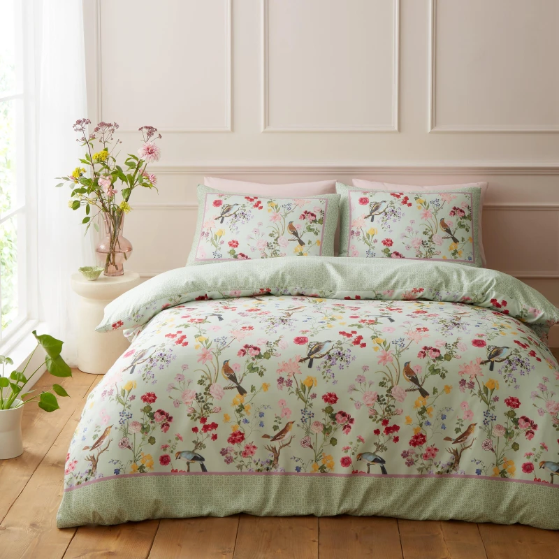 Image of Royal Horticultural Society Birds In Bloom Duvet Cover Bedding Set Green