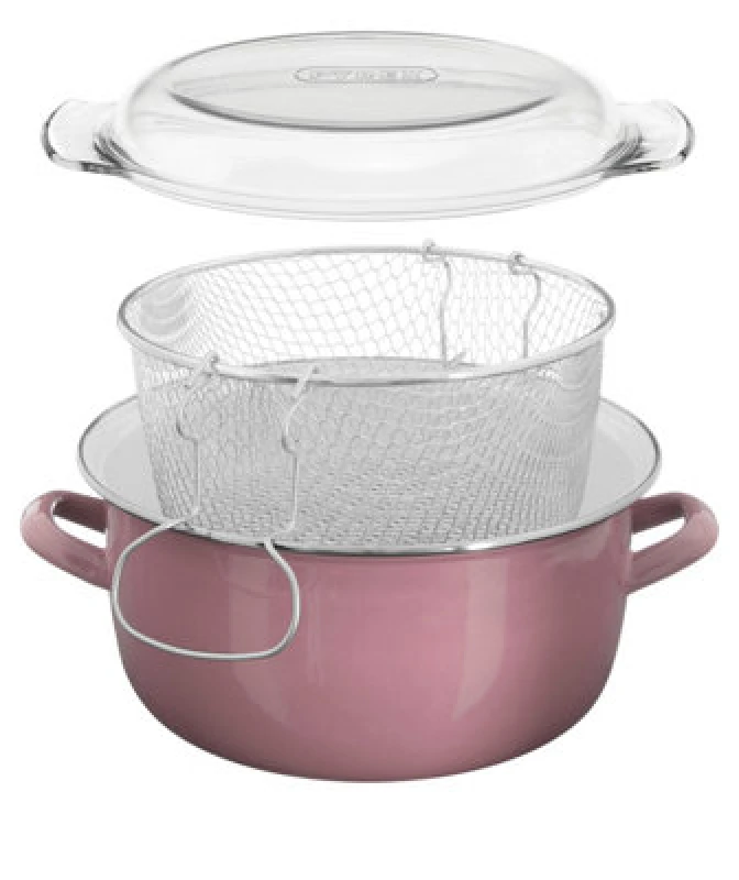 Image of Premier Housewares Interiors By Premier Pink Deep Fryer, Steel Home Fryer With Enamel Coating, Home Utensils, Coated Fish Fryer For Kitchen