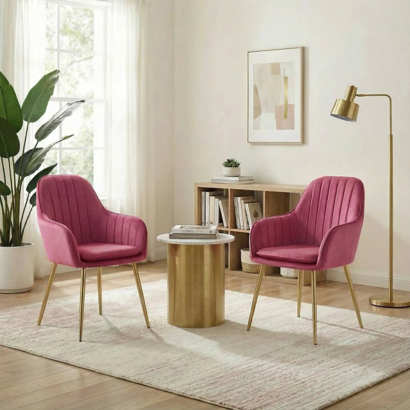 Image of Alivio Set of 2 Upholstered Velvet Dining Arm Chairs with Removable Cushion in Pink Pink Unisex