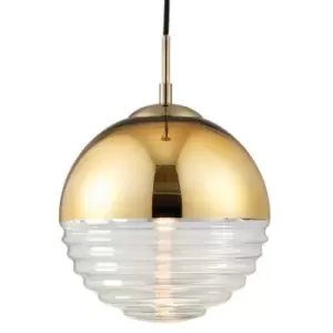 Image of Hanging Ceiling Pendant Light GOLD & RIBBED GLASS Sphere Ball Lamp Bulb Holder