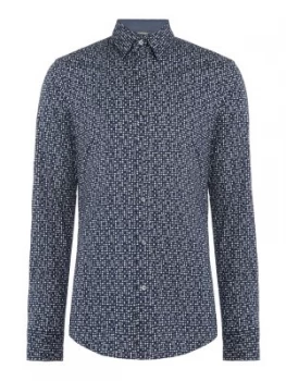 Image of Mens Michael Kors Trim Fit Stretch Faded Spot Print Shirt Blue