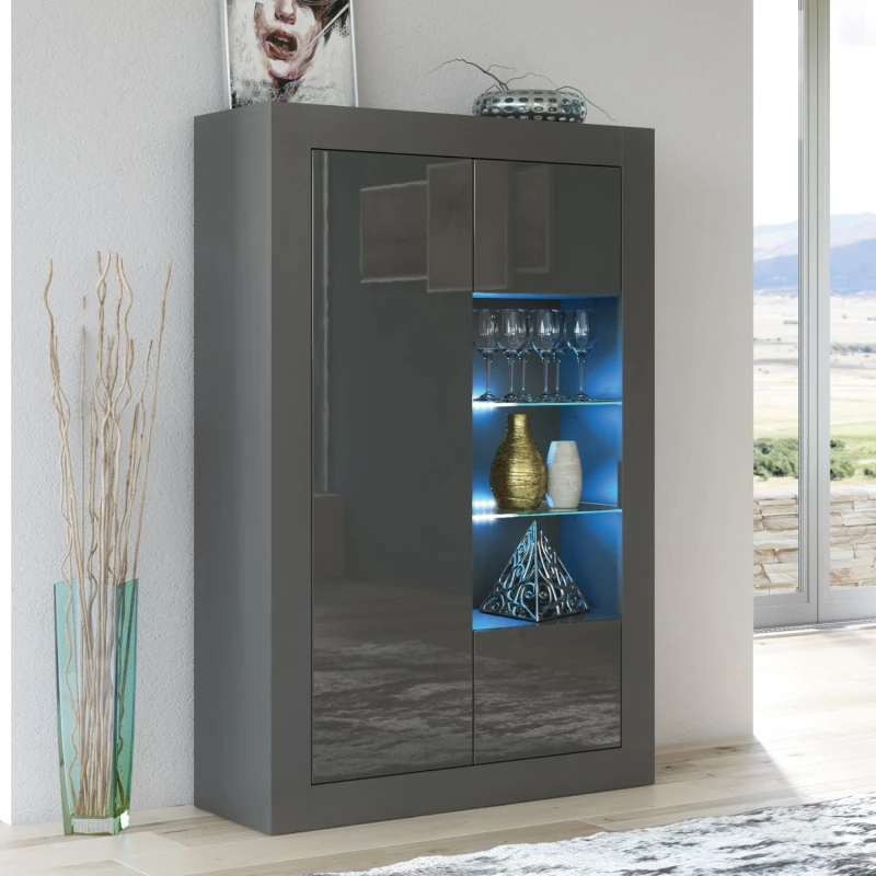Image of Creative Furniture Arcadia Display Cabinet 140cm - A Compact and Sleek Cabinet with Glass Shelves and LED Lights Dark Grey